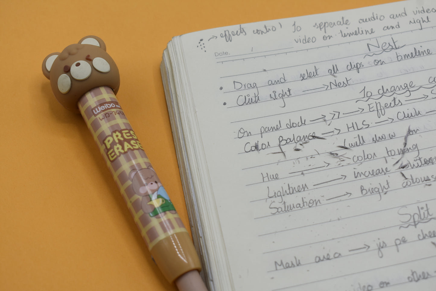 Pencil shape cute bear pushing eraser