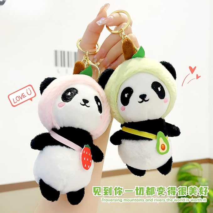 Cute panda plush into strawberry keychain