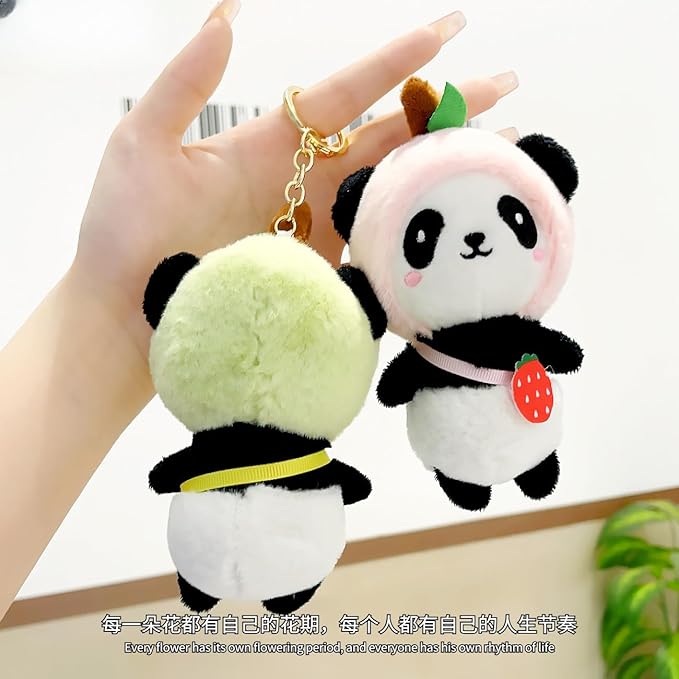 Cute panda plush into strawberry keychain