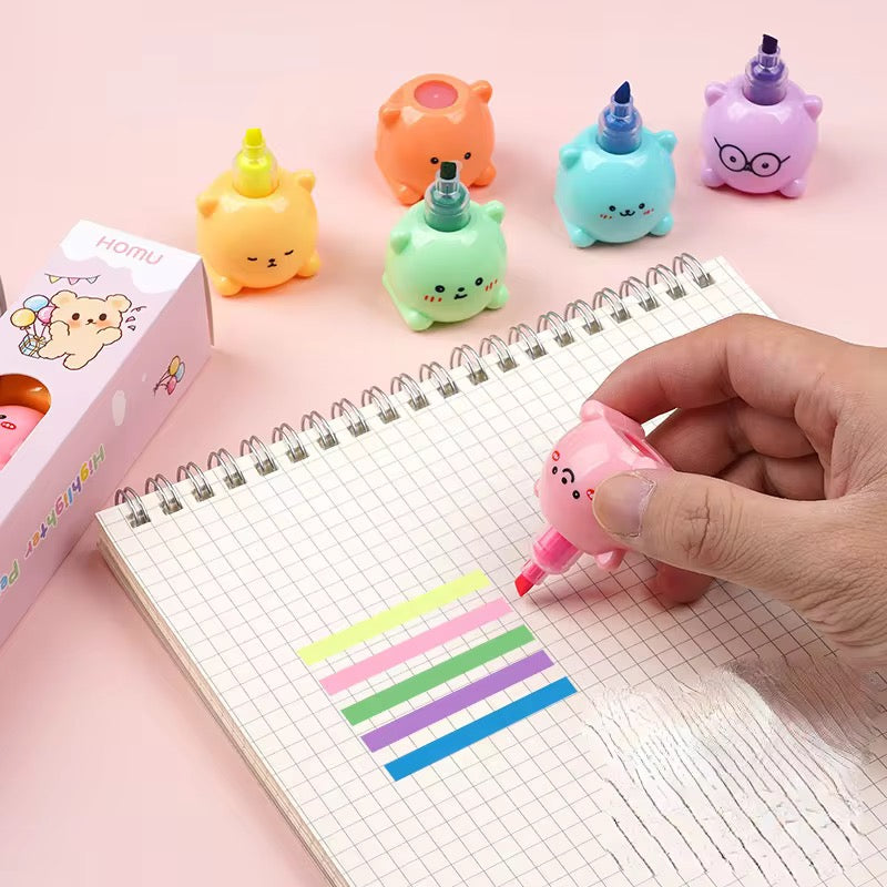 Kawaii 5 color bear flourescent marker set